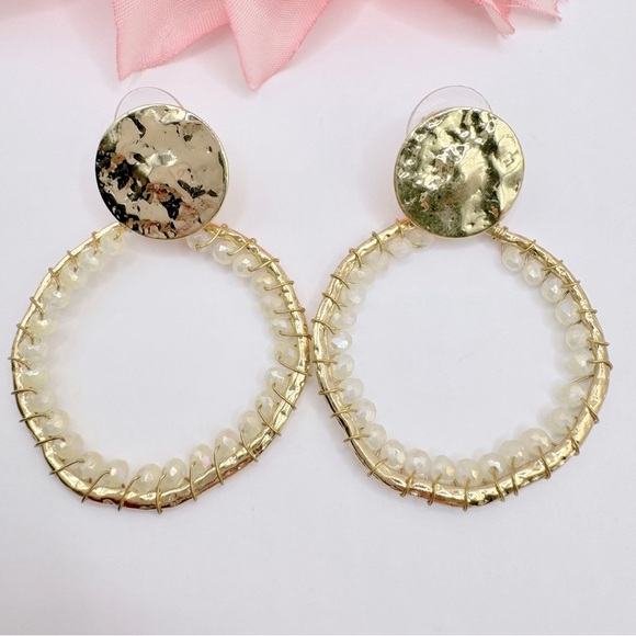 Gold Tone Beaded Circle Earrings Hammered Brutalist Primitive Boho Bohemian Glam - Picture 1 of 6